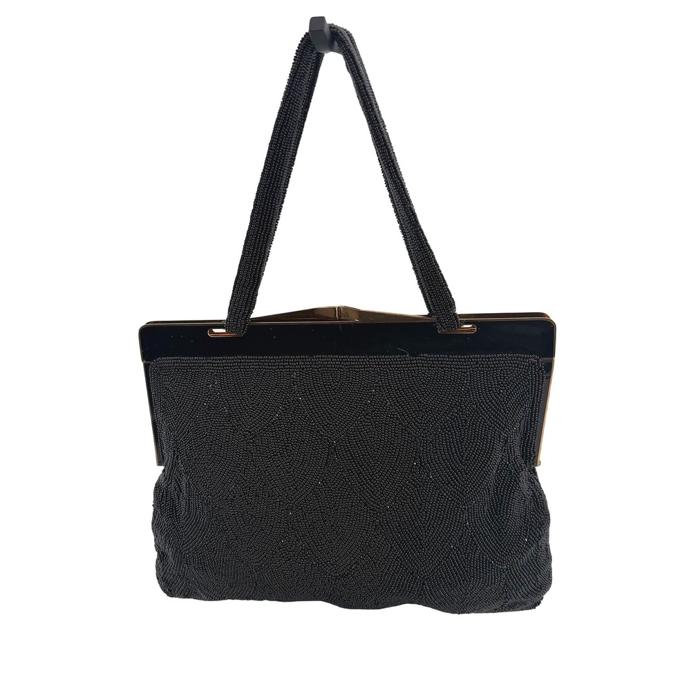 Walborg Vintage Black Hand Beaded Evening Bag Made in Belgium‎ Gold Frame Clasp